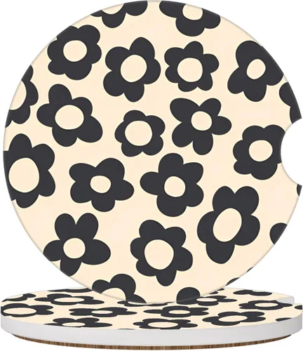 Miniatura 12 de Posavasos de automóvil con diseño de arcoíris y flores beige para portavasos de automóvil, paquete de 2 posavasos para mujeres y hombres, 2.56