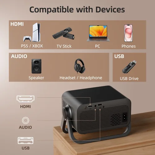 Miniatura 7 de BKZ Proyector portátil con enfoque eléctrico Keystone automático de 360° ajustable de 360° con soporte dual AI, enfoque eléctrico, con Bluetooth