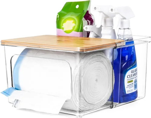 iCASA Soporte dispensador de bolsas de basura – Organizador de acrílico 2 en 1 para debajo del fregadero, contenedor de bolsas de basura con tapa de