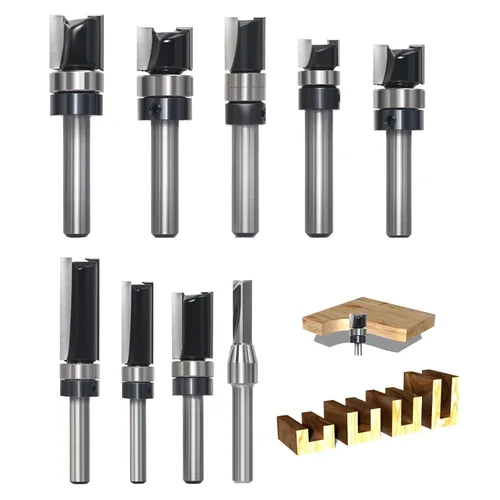 Juego de 9 brocas fresadoras de corte al ras con patrón, vástago de 1/4", con punta de carburo y rodamiento superior, broca fresadora de plantilla