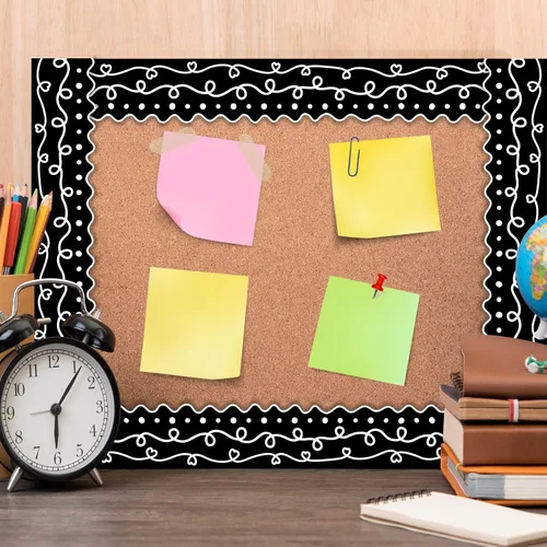 Miniatura 3 de Eaasty Tablero de anuncios en blanco y negro de 69 pies, para decoración de aula, tablero de anuncios, papel colorido festoneado troquelado