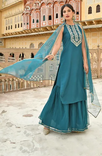 Miniatura 4 de Janasya Indian - Kurta bordada de seda de poliéster verde azulado para mujer con Sharara y Dupatta