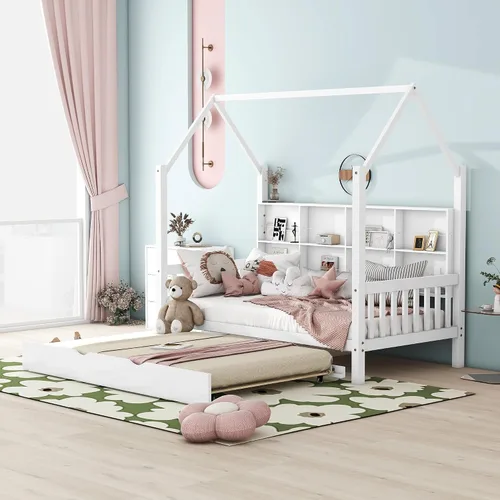 Miniatura 12 de Cama de casa con nido y valla, camas de tamaño matrimonial estilo Montessori con barandillas, marco de cama de madera para niños, niñas, niños