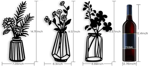 Miniatura 2 de Qzmaikoo 3 piezas de flores de metal negro para decoración de pared, jarrón, esculturas artísticas para colgar en interiores, cocina, baño, comedor