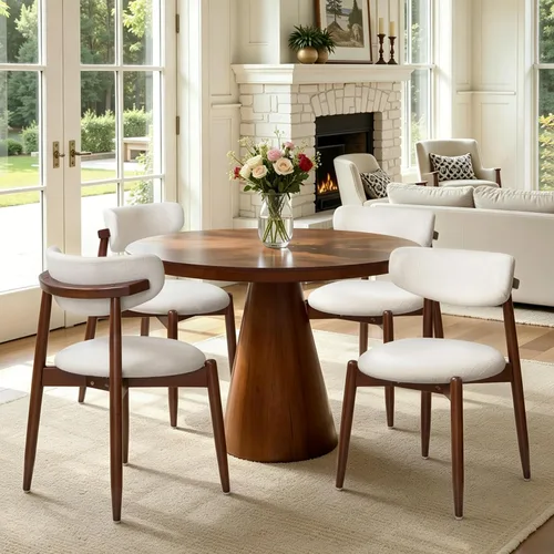 Miniatura 39 de CHUN YI Juego de 2 sillas de comedor tapizadas de madera maciza, sillas auxiliares de cocina de tela moderna de mediados de siglo con respaldo Beige