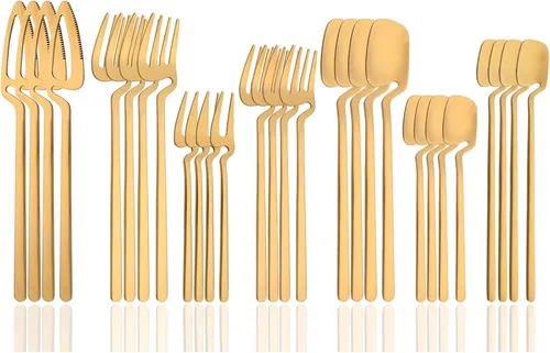 Miniatura 12 de Juego de cubiertos de 28 piezas para 4, color negro mate con cuchara de mango largo, cucharilla, tenedor de frutas, juego de utensilios de cocina
