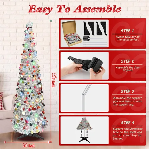 Miniatura 4 de Árbol de Navidad Tipo Lápiz de 5 Pies, Árbol de Navidad Artificial Plegable con Lentejuelas Pop Up, Árboles de Navidad de Oropel Tipo Lápiz Delgado