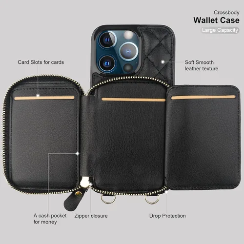 Miniatura 7 de Bocasal Funda tipo cartera cruzada para iPhone 13 Pro, con bloqueo RFID, de piel sintética, con cremallera, funda tipo cartera con función atril