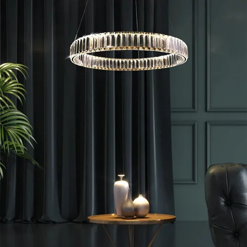 Miniatura 2 de Candelabros modernos de cristal con control remoto, 3000-6000 K 20 pulgadas, anillo de oro de 20 pulgadas, lámpara LED regulable de cristal redondos