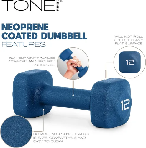 Miniatura 43 de Tone Fitness Pares de Mancuernas de Pesas de Neopreno con Cabeza Cuadrada Antirrodamiento Múltiples Opciones Azul