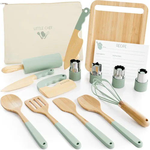 Juego de cocina y horneado de madera para niños, herramientas de cocina seguras y reales que dan a los niños una experiencia de cocina divertida.