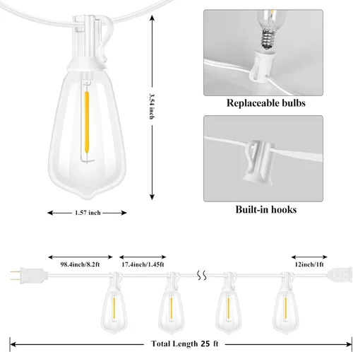 Miniatura 2 de Brightever Luces de Cadena para Exteriores de 25 Pies, Luces de Patio ST38 con 13 Bombillas Edison, Luces Colgantes Impermeables Conectables
