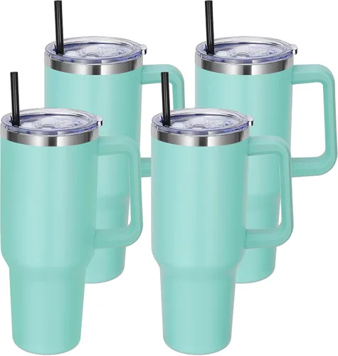 Miniatura 20 de DOMICARE Vaso de 40 oz con asa y pajita, vaso de acero inoxidable con tapa y pajita, reutilizable, aislado al vacío, taza para café de viaje