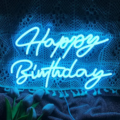 Miniatura 2 de Letrero de neón de feliz cumpleaños, reutilizable, luz nocturna LED de neón azul hielo, decoraciones de fiesta de cumpleaños, funciona con USB