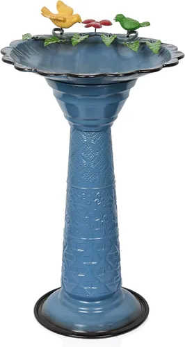 Alpine Corporation ORS112BL - Pedestal de baño de pájaros de metal vintage con soporte, cuenco de baño de pájaros poco profundo para exteriores, 28