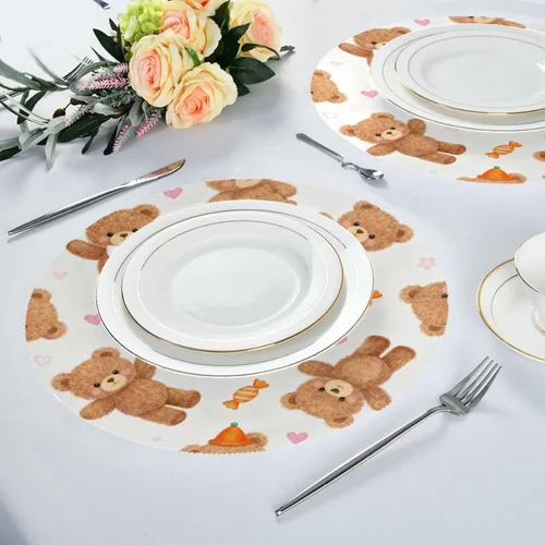 Miniatura 6 de Cartoon Cute Brown Teddy Bear Round Jute placemats placemat with Plate Set of 4 15x15 in manteles para mesa