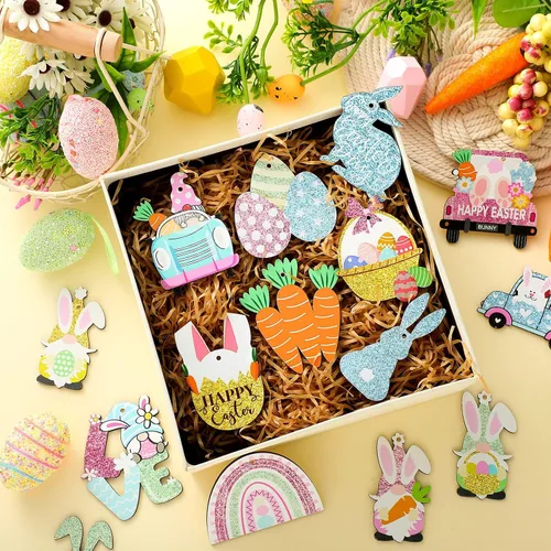 Miniatura 7 de Kathfly 32 piezas de adornos de Pascua para árbol pequeño de madera, decoraciones de Pascua feliz, huevos de conejo, adornos colgantes de gnomo