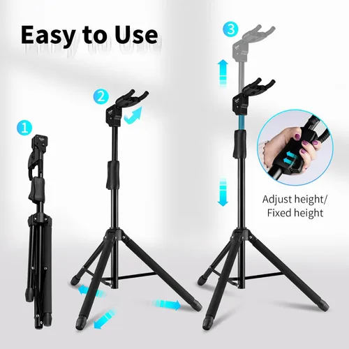 Miniatura 4 de GUITTO Soporte para guitarra - Bloqueo automático resistente, ajustable y plegable para acústica/eléctrica/bajo (capacidad de 15 kg), base