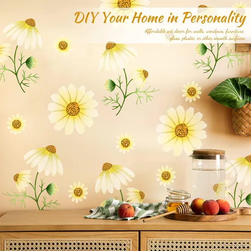 Miniatura 6 de Calcomanías de pared de margaritas para despegar y pegar, calcomanías de pared de vinilo con margaritas amarillas extraíbles, decoración de pared