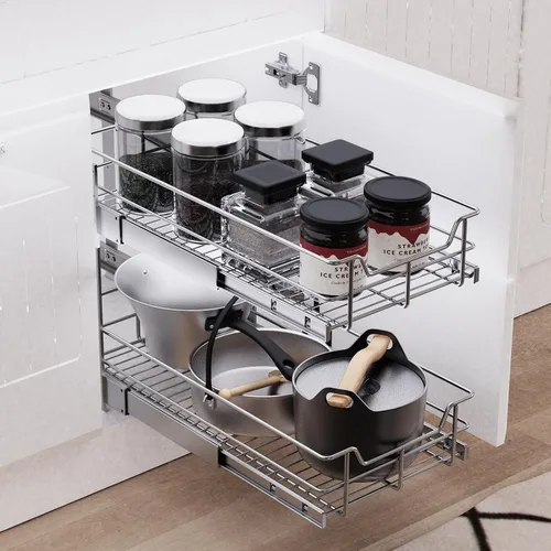 Miniatura 6 de Organizador de armario extraíble de 2 niveles de 15 pulgadas de ancho x 22 pulgadas de profundidad, cajones deslizantes para armarios de cocina, 2