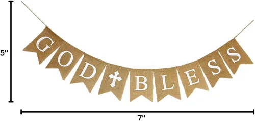 Miniatura 8 de Cartel de arpillera "God Bless" – Decoración cristiana rústica para baby shower, bautismo, bautismo y primera comunión (impresión blanca)