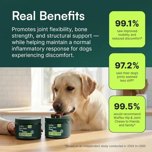 Miniatura 6 de Wuffes Suplemento avanzado para cadera y articulaciones de perro con glucosamina, condroitina, omega 3, MSM y mejillón de labios verdes