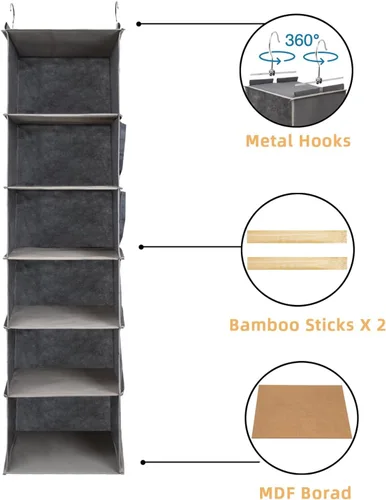 Miniatura 4 de Paquete de 2 organizadores colgantes para armario, estantes colgantes de 6 niveles para armario con inserciones de bambú resistentes, color gris