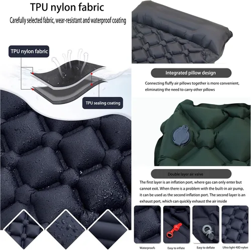 Miniatura 4 de Colchoneta de dormir para campamento: colchoneta inflable ultraligera con bomba de pie y almohada integradas, colchón de aire compacto mejorado
