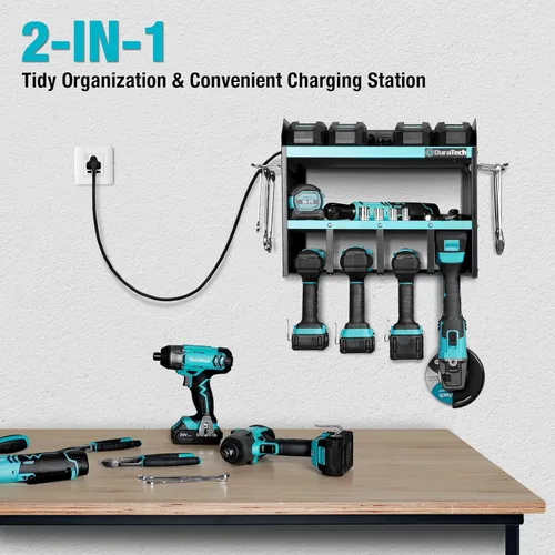 Miniatura 5 de DURATECH Organizador de herramientas eléctricas para montaje en pared con regleta eléctrica, acero al carbono, azul, 16.8 pulgadas de ancho, 10.9