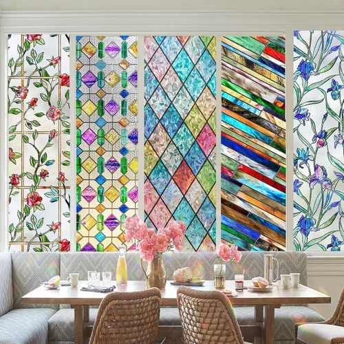 Miniatura 9 de Windimiley Película decorativa para ventana de vitral, 3D con diseño floral de rosas, película adhesiva estática de privacidad que difunde la luz