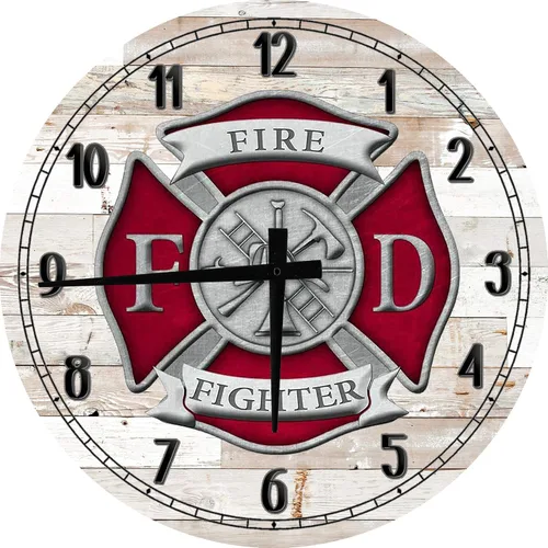 Arte de pared de fuego, bombero, cruz maltesa roja, plata, grande, redondo, madera, reloj de pared, decoración de 18 pulgadas, color blanco