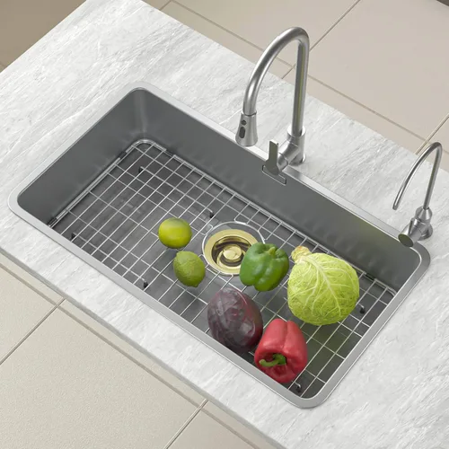 Miniatura 6 de Rejilla de fregadero de acero inoxidable y protectores para la parte inferior del fregadero de cocina, 26 x 14 pulgadas con drenaje trasero