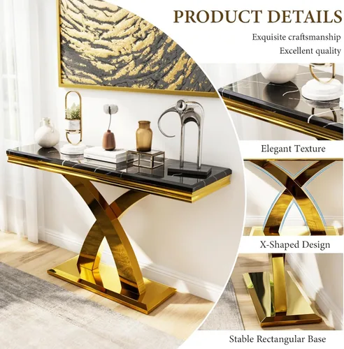 Miniatura 5 de AUZ Mesa consola dorada, mesa rectangular de 50 pulgadas, mesa de entrada de lujo con base en X de metal pulido para sala de estar, pasillo, Negro