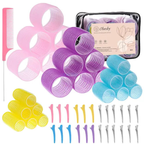 Miniatura 8 de obeoby - Juego de rodillos de autoagarre de 4 tamaños para cabello largo, corto y flequillo - 50 piezas con pinzas