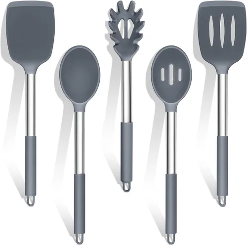 TeamFar Juego de utensilios de cocina de silicona, 5 utensilios de cocina a prueba de calor con mango de acero inoxidable, girador/cuchara/servidor