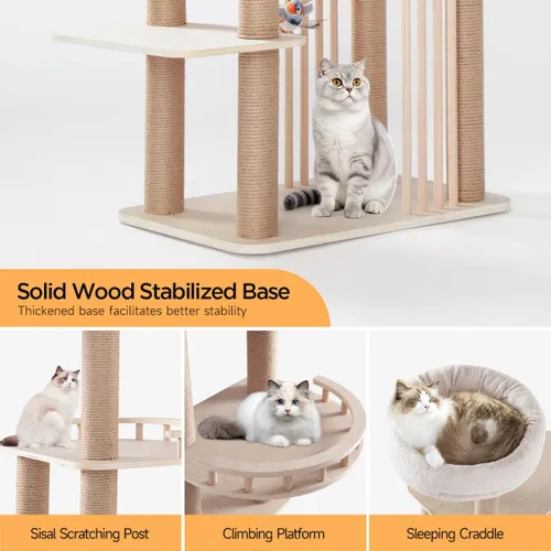 Miniatura 2 de Árbol grande para gatos de 68 pulgadas, torre para gatos de varios niveles de madera maciza con postes rascadores, juguetes divertidos y plataforma