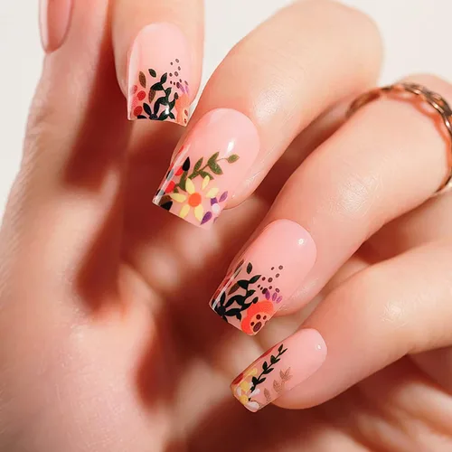 Miniatura 15 de Uñas postizas ovaladas a presión con puntas francesas, juego de uñas postizas cortas de flores artificiales, uñas postizas acrílicas con diseños