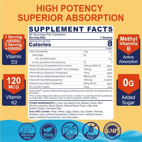 Miniatura 2 de Vitamina D3 5000IU + K2 (MK-7) 120mcg, sin azúcar, vitamina D3 K2 Gomitas rellenas con complejo de vitamina B - Metil B12, B9, B6 Vitamina E