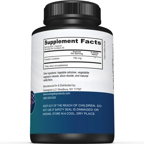 Miniatura 3 de Sunergetic Suplemento NAC premium N-acetil cisteína – 750 mg por cápsula – Apoya el hígado, la desintoxicación inmune, celular y respiratoria – 90 N
