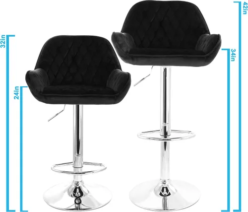 Miniatura 3 de Elama Taburetes de bar de terciopelo ajustables de 2 piezas en negro con base cromada, (ELM-221E)