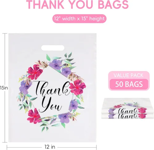 Miniatura 2 de Bolsas de regalo de agradecimiento de plástico floral a granel, bolsas de compras al por menor de 12 x 15 pulgadas con asas troqueladas, paquete
