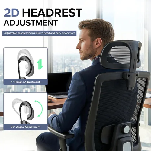 Miniatura 7 de Silla de oficina ergonómica de malla con reposacabezas, cómoda silla de escritorio para sentarse por mucho tiempo, silla de computadora transpirable