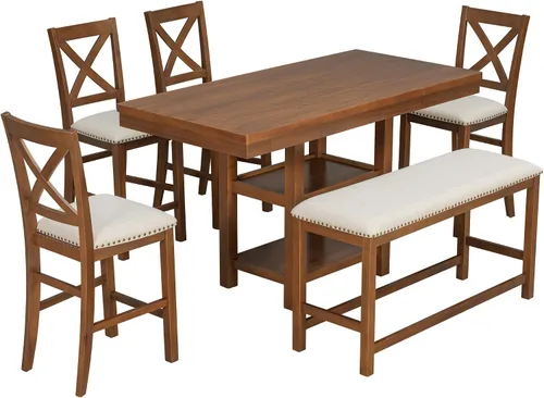 Miniatura 8 de JIVOIT Farmhouse 6 Piece Dining Table Set, Counter Height Table Set with 4 Chairs and a Bench, Rubber Wood Expandable Bar Table Set with Rivet Gris-3