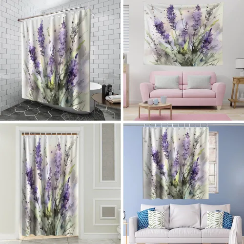 Miniatura 3 de TheBlackSpot Juego de cortinas de ducha con diseño floral de lavanda y acuarela, lila, plantas de campo, cortinas de baño, juegos de decoración