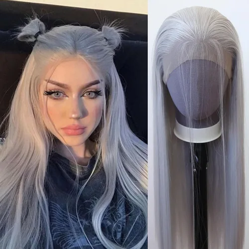 Miniatura 19 de 99J Peluca larga y lisa 99J color borgoña sintética con encaje frontal, predesfilada con línea de cabello natural para mujeres de moda, cabello