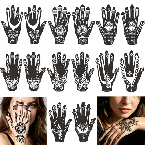 Miniatura 6 de XMASIR 20 hojas de plantillas de tatuaje de henna para mano, plantillas temporales de tatuaje de aerógrafo, calcomanías de tatuaje árabe, plantillas