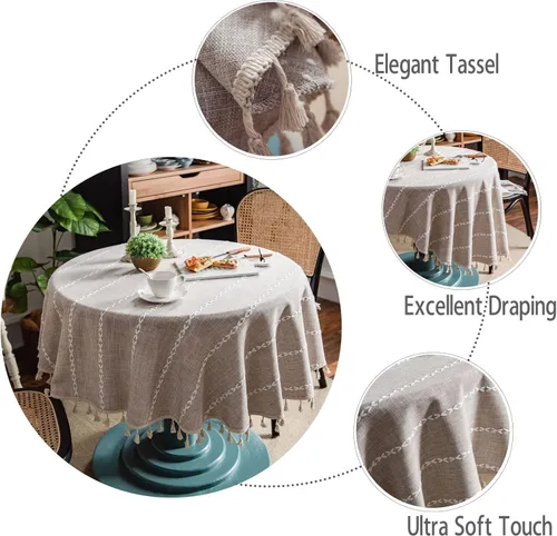 Miniatura 3 de Mantel redondo rústico de lino de algodón a rayas con borlas, funda resistente para mesa de cocina, comedor, decoración de Navidad