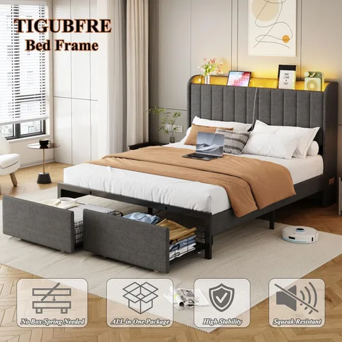 Miniatura 7 de Base de cama tamaño queen con cabecera de almacenamiento y 2 cajones, base de cama tapizada con luces LED y práctica estación de carga, no necesita