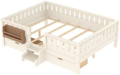 Miniatura 7 de Bellemave Cama Montessori de tamaño Queen con 2 cajones y estantería, camas de suelo para niños con barandillas de seguridad y escaleras, marco