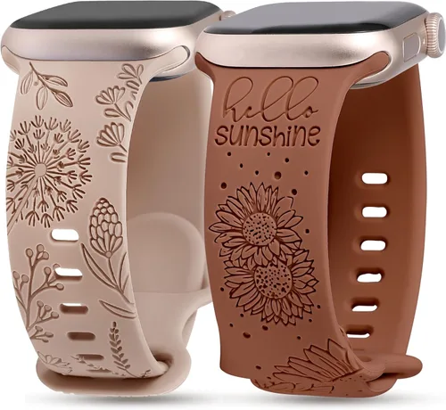 Minyee Paquete de 2 correas grabadas florales compatibles con Apple Watch Band de 38/40/41/42/44/45/46/1.929 in para mujer, bonita correa de